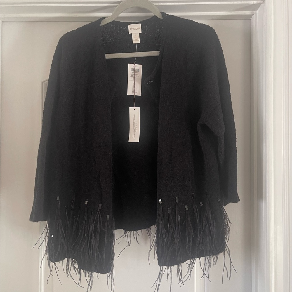 Chico's Elegant Black Cardigan with Fringe
